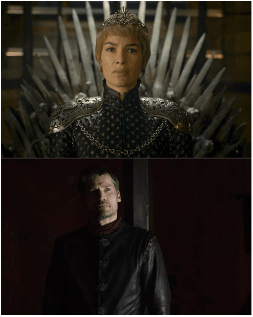 Hình ảnh Jaime Lannister ngắm nhìn Cersei khi cô ta lên Ngai Sắt trong Game of Thrones